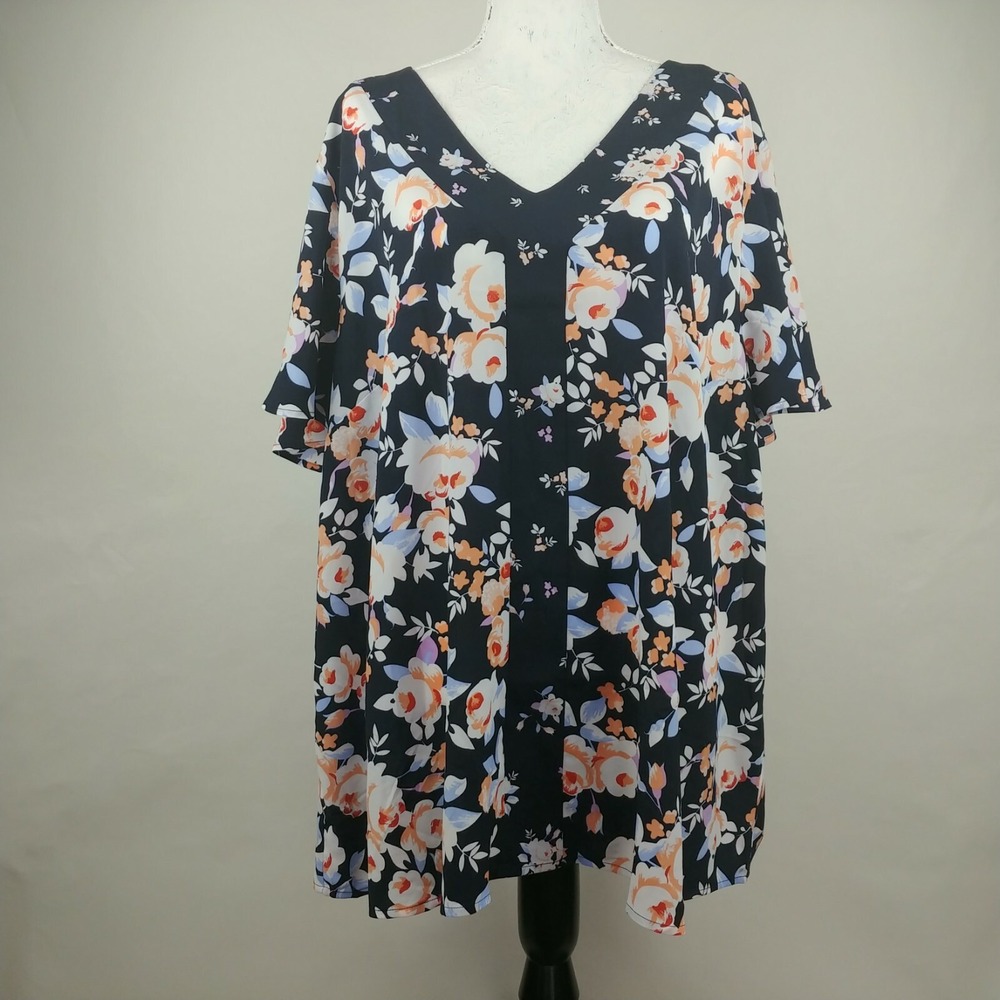 New Women's Plus Lane Bryant Navy Blue Floral Short Sleeve Top Size 26